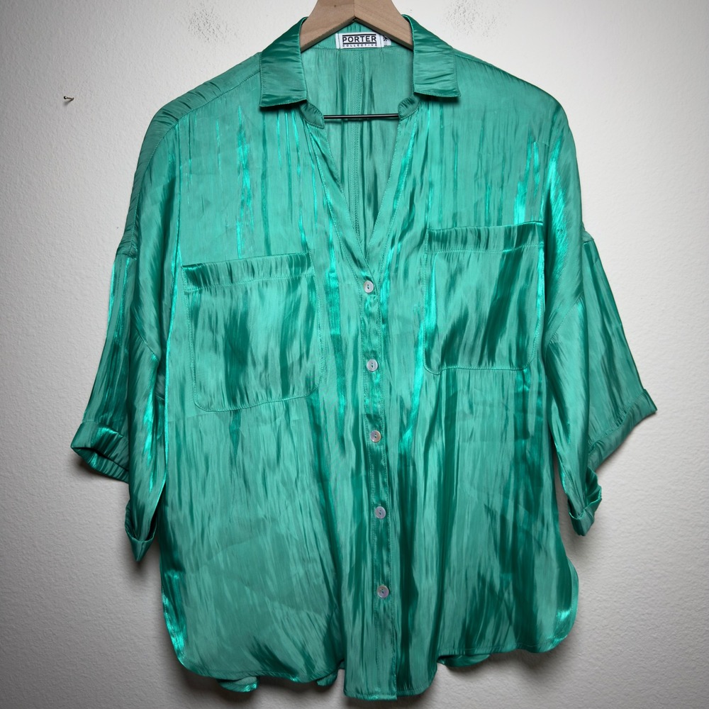 Porter Collective Women Button‎ Front Shirt Small Green Artsy Oversized Drapey